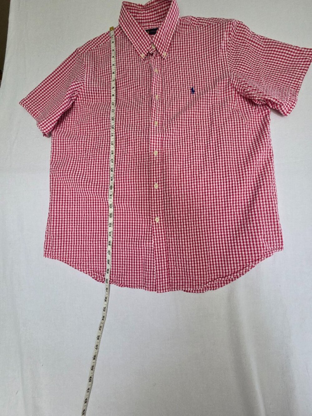 Red and White Gingham short sleeved men's shirt.